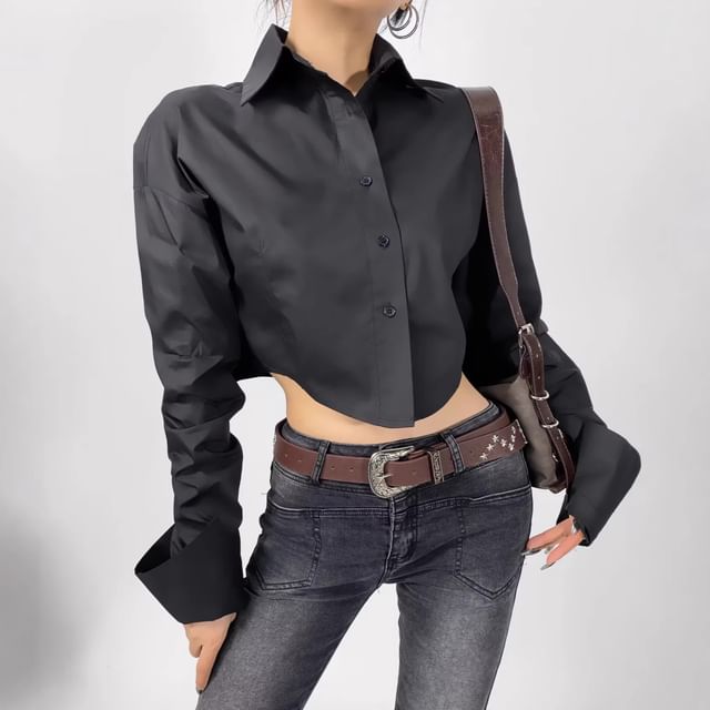 Shira-Long Sleeve Collared Plain Cropped Shirt