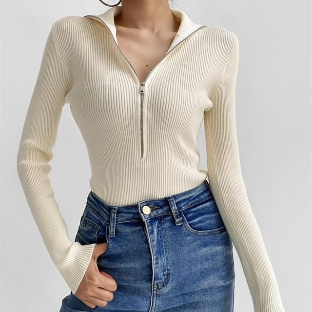 Shira-Long-Sleeve Collared Plain Half Zip Bodysuit Top