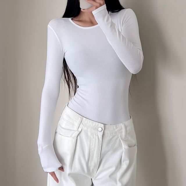 Shira-Long-Sleeve Crew Neck Plain Bodysuit Top