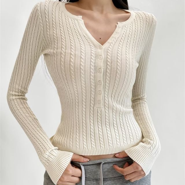 Shira-Long-Sleeve Half Buttoned Plain Knit Top