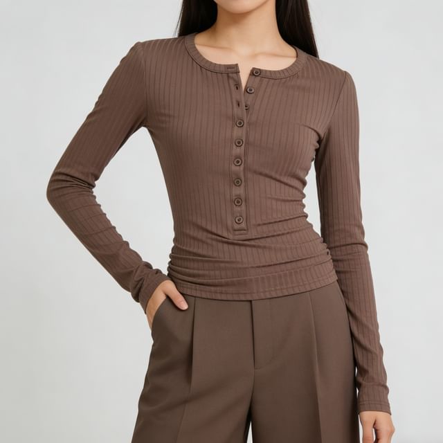 Shira-Long Sleeve Henley Neck Ribbed Cropped Top