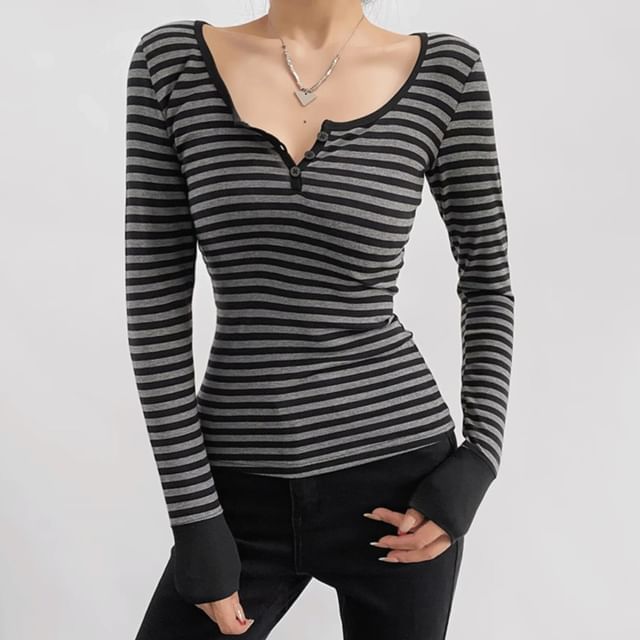 Shira-Long-Sleeve Henley Striped Tee