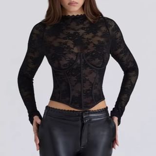 Shira-Long-Sleeve Round Neck Lace Bustier Top
