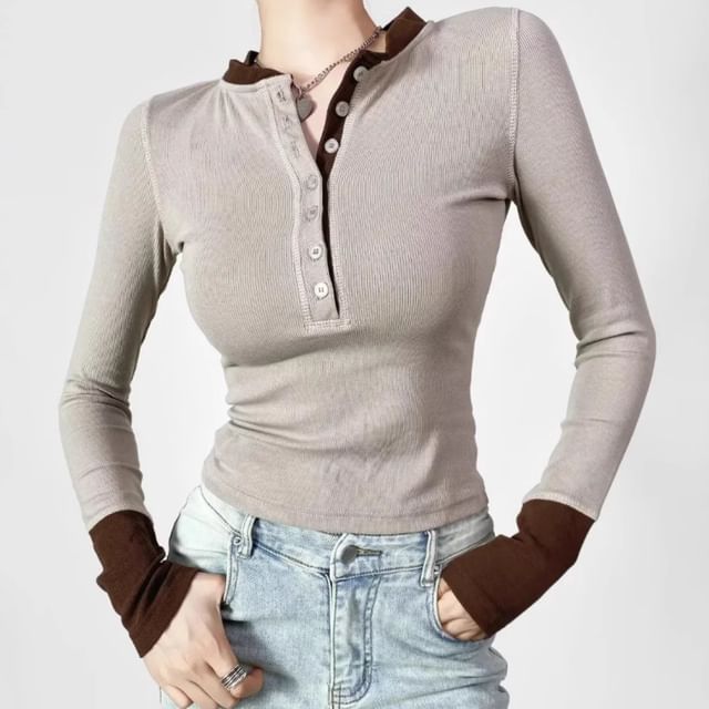 Shira-Long-Sleeve Round Neck Two Tone Ribbed Half-Buttoned Crop T-Shirt