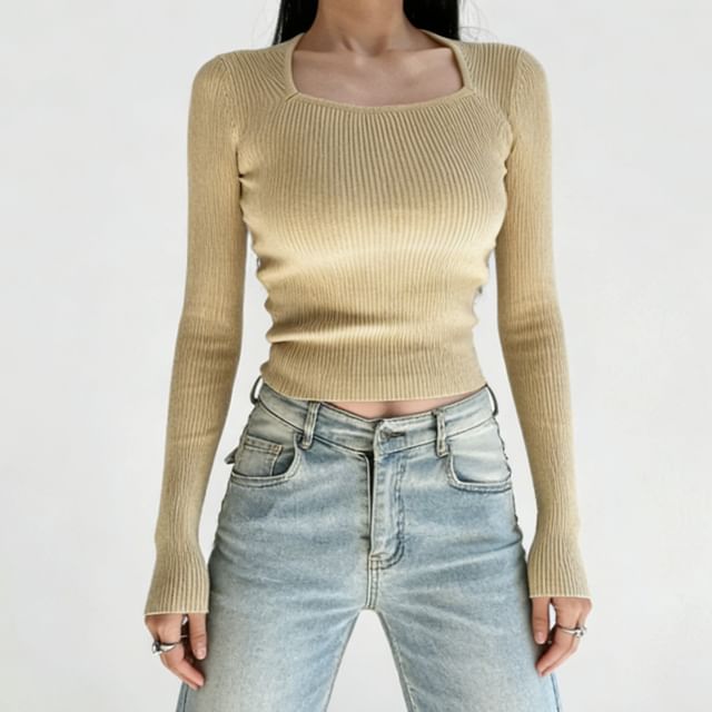 Shira-Long-Sleeve Square Neck Plain Ribbed Knit Top
