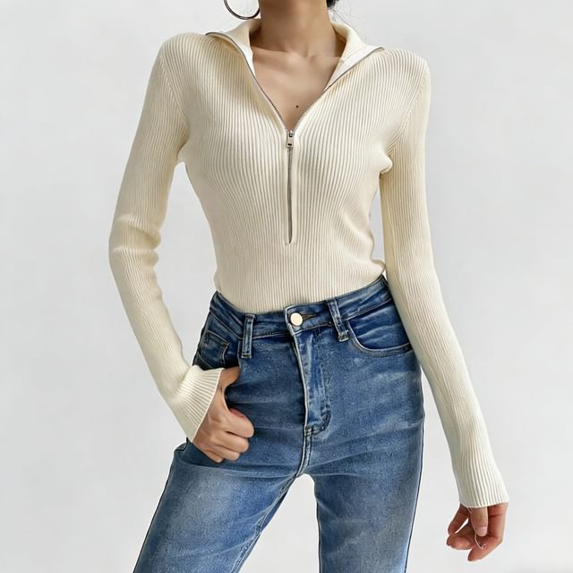 Shira-Long-Sleeve Stand Collared Plain Bodysuit Top