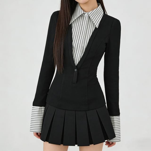 Shira-Long-Sleeve Striped Collared Mock Two Piece Top