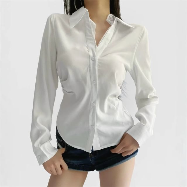 Shira-Long-Sleeve V-Neck Collared Lace Panel Button-Up Blouse
