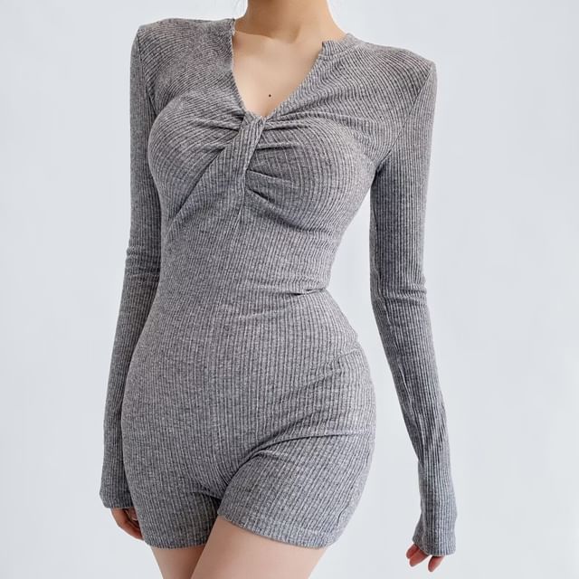 Shira-Long-Sleeve V-Neck Plain Ruched Romper