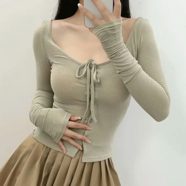 Shira-Long-Sleeve V-Neck Tie Front Button-Up Plain Crop Top