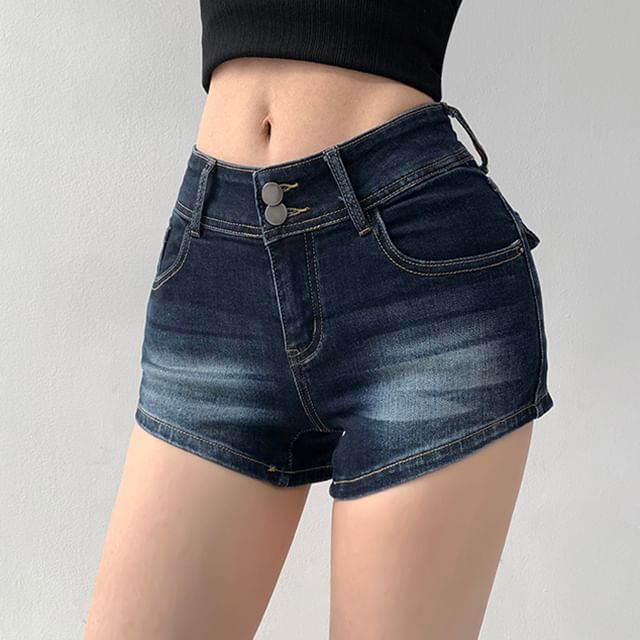 Shira-Mid Waist Washed Denim Shorts