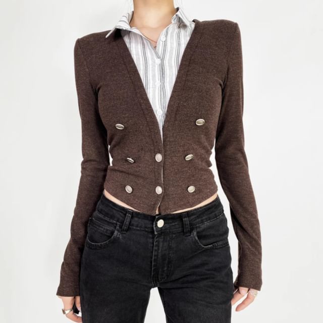 Shira-Mock Two-Piece Long-Sleeve Collared Striped Panel Button-Up Crop Top