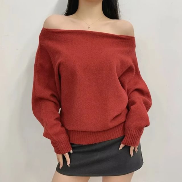 Shira-Off-Shoulder Plain Sweater