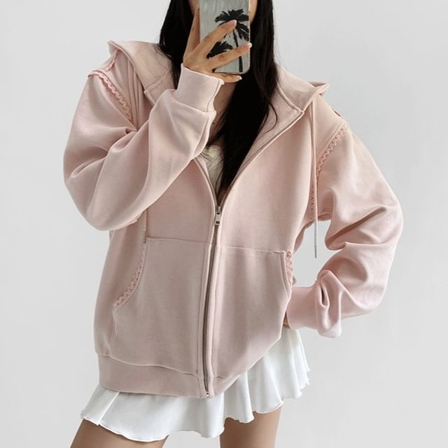 Shira-Plain Lace Trim Zip Oversized Hoodie