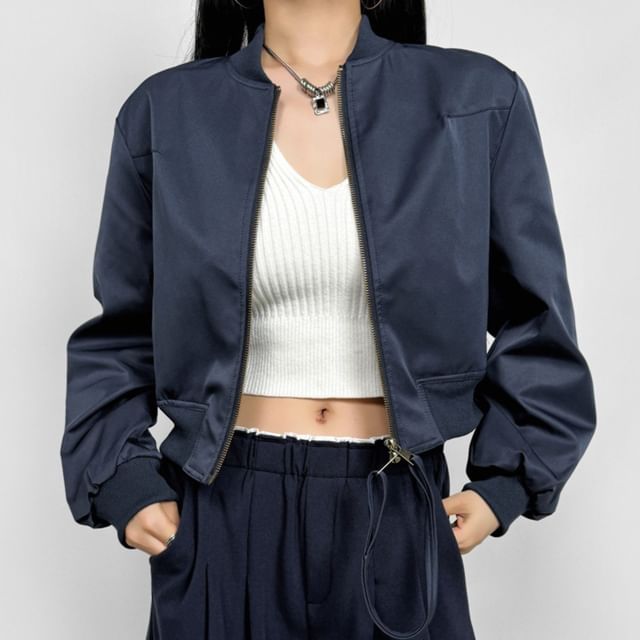 Shira-Plain Zip-Up Crop Bomber Jacket