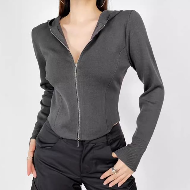 Shira-Plain Zip-Up Crop Hoodie
