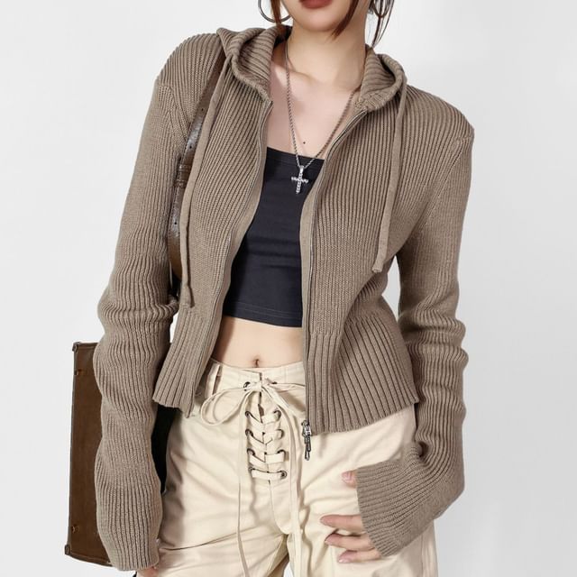 Shira-Plain Zip-Up Crop Knit Hoodie