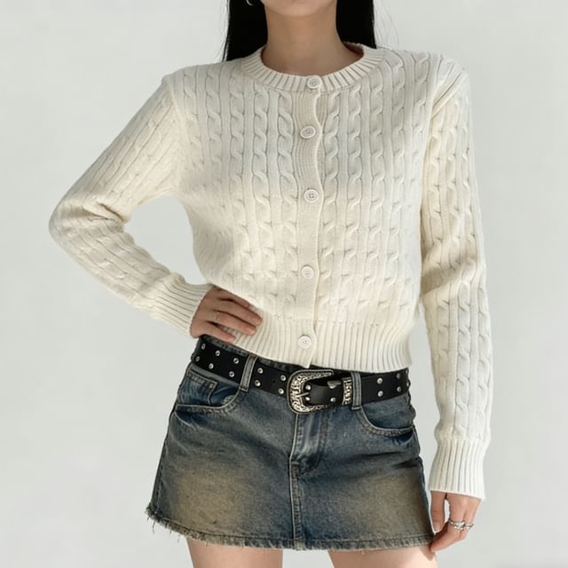 Shira-Round Neck Plain Button Up Cable Knit Cardigan