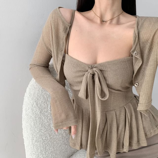 Shira-Set Plain Cropped Light Jacket Bow Peplum Cami Top