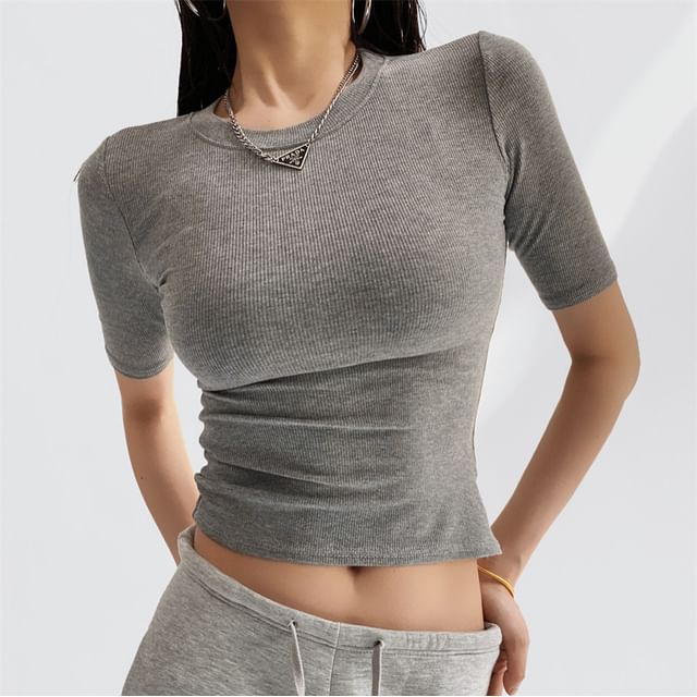 Shira-Short-Sleeve Round Neck Plain Ribbed Crop Top