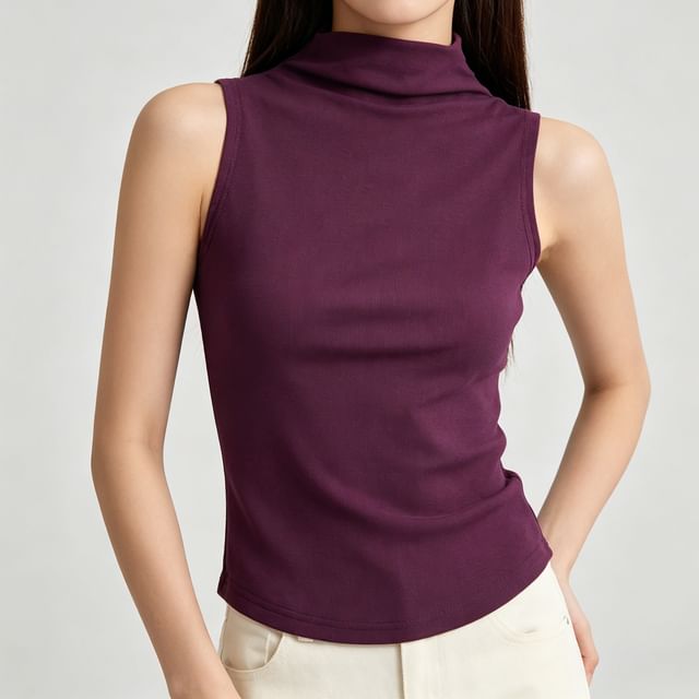Shira-Sleeveless Mock Neck Plain Crop Top