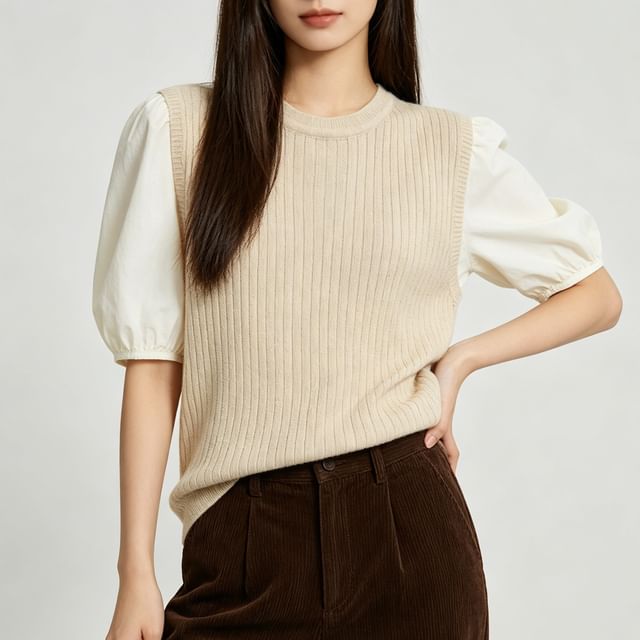 Shira-Sleeveless Round Neck Plain Ribbed Knit Top