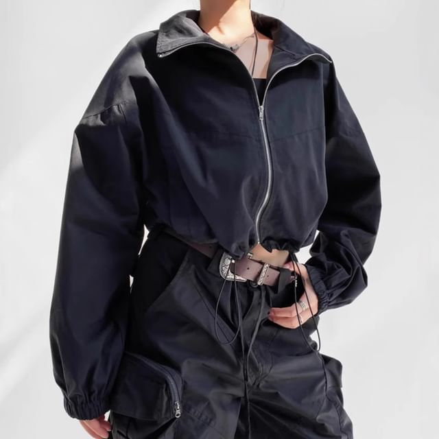 Shira-Stand Collar Drawstring Hem Zip-Up Plain Crop Jacket