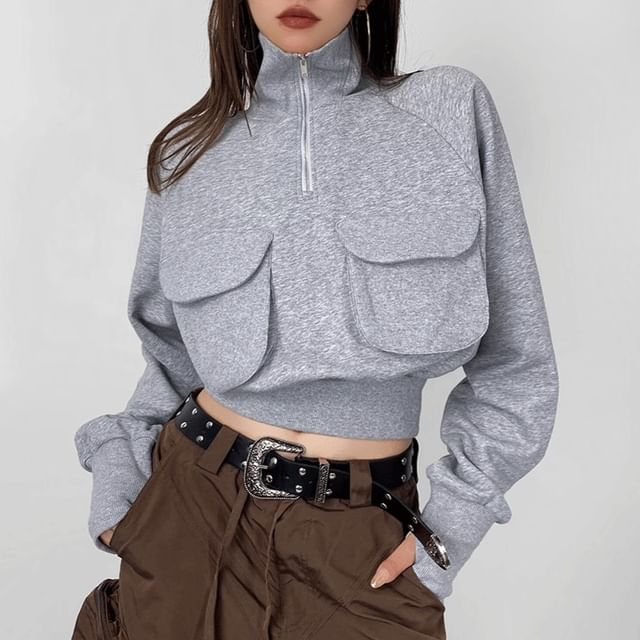 Shira-Stand Collar Half Zip Plain Crop Sweatshirt