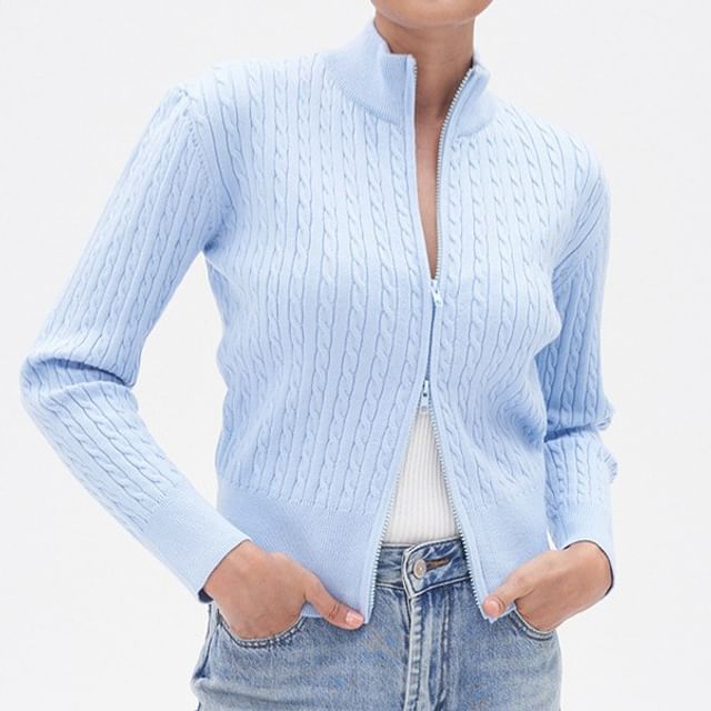 Shira-Stand Collar Plain Cable Knit Zip Cardigan