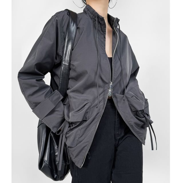 Shira-Stand Collar Zip-Up Plain Cargo Jacket