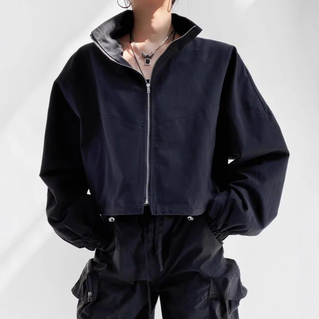 Shira-Stand Collar Zip-Up Plain Crop Jacket