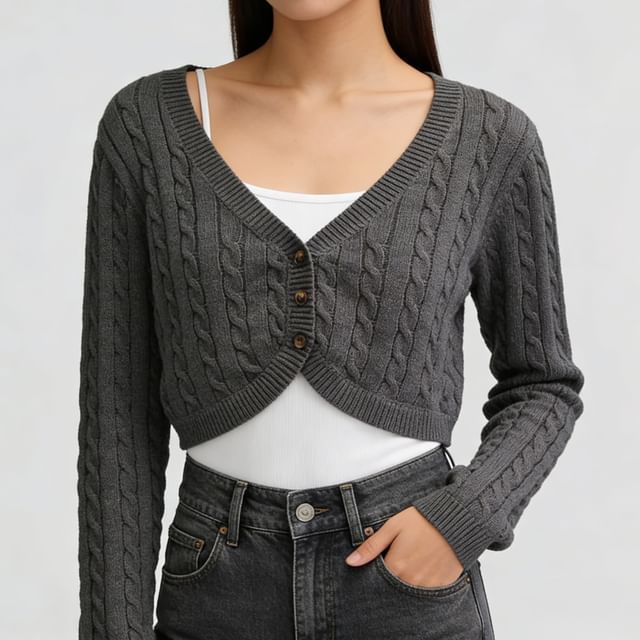 Shira-V-Neck Plain Cable Knit Crop Cardigan