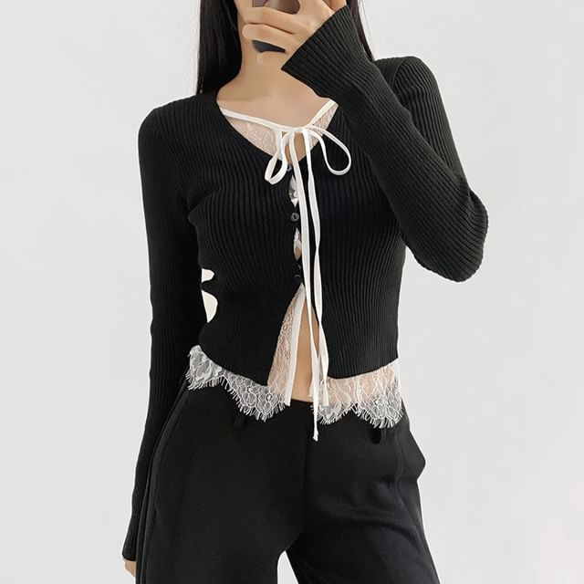 Shira-V-Neck Plain Lace Trim Ribbed Cardigan