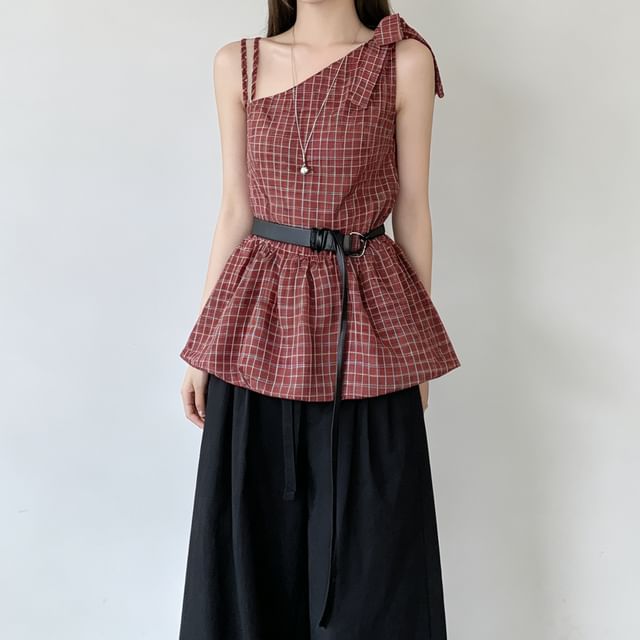Shopherd-Asymmetrical Neck Plaid Bow Peplum Camisole Top