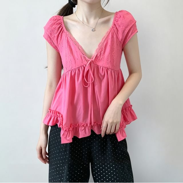 Shopherd-Cap Sleeve V-Neck Plain Ruffle Bow Lace Trim Blouse