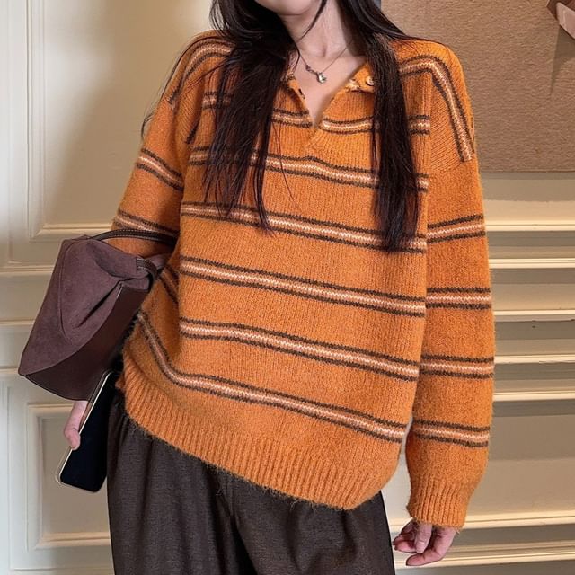 Shopherd-Collar Henley Striped Sweater
