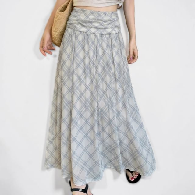 Shopherd-High Waist Plaid Panel Maxi A-Line Skirt