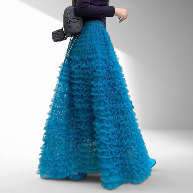 Shopherd-High Waist Plain Midi A-Line Ruffled Mesh Skirt