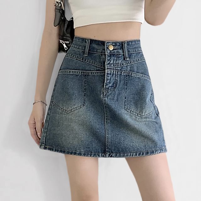 Shopherd-High Waist Washed Denim Mini A-Line Skirt