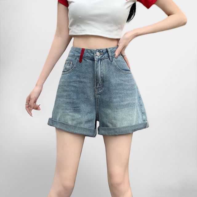 Shopherd-High Waist Washed Roll Up Denim Shorts