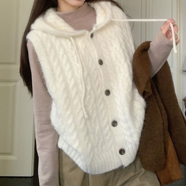 Shopherd-Hooded Plain Cable Knit Button Up Sweater Vest