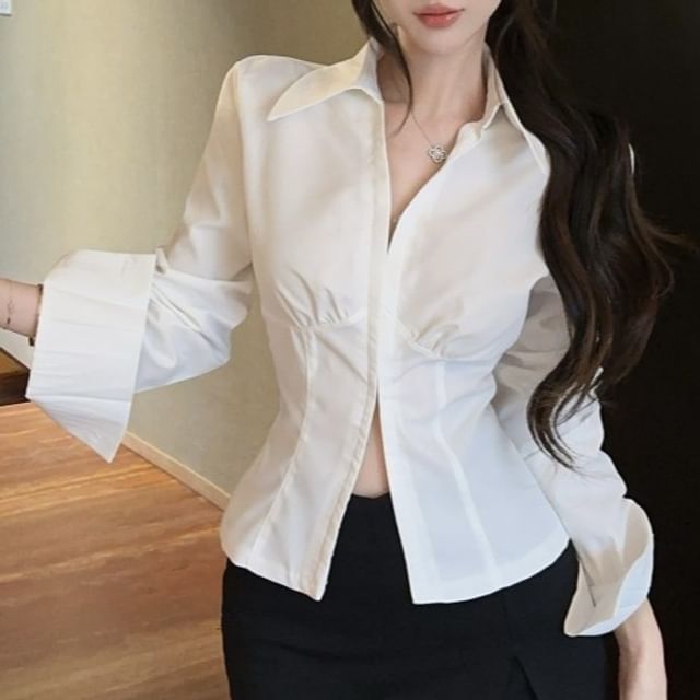 Shopherd-Long-Sleeve Collared Hook And Eye Plain Slim Fit Blouse