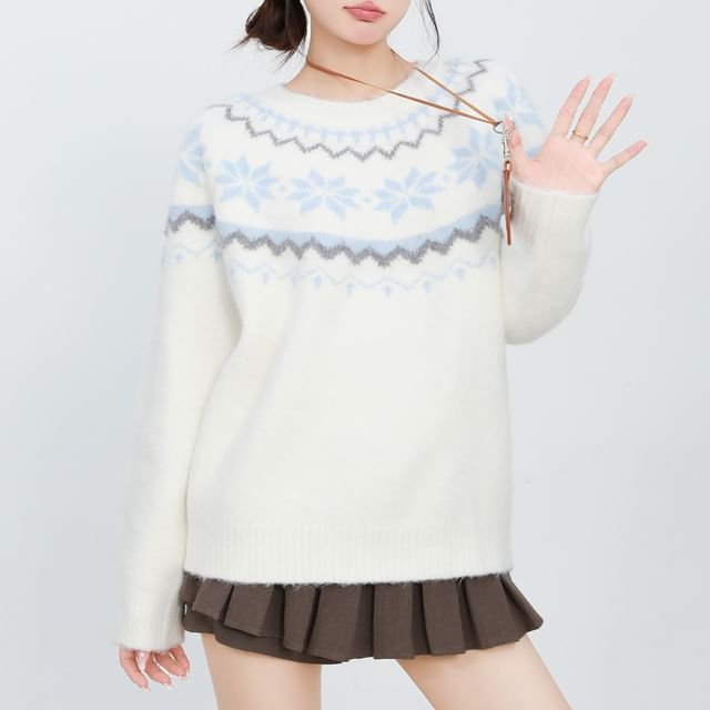 Shopherd-Long-Sleeve Crew Neck Snowflake Print Sweater