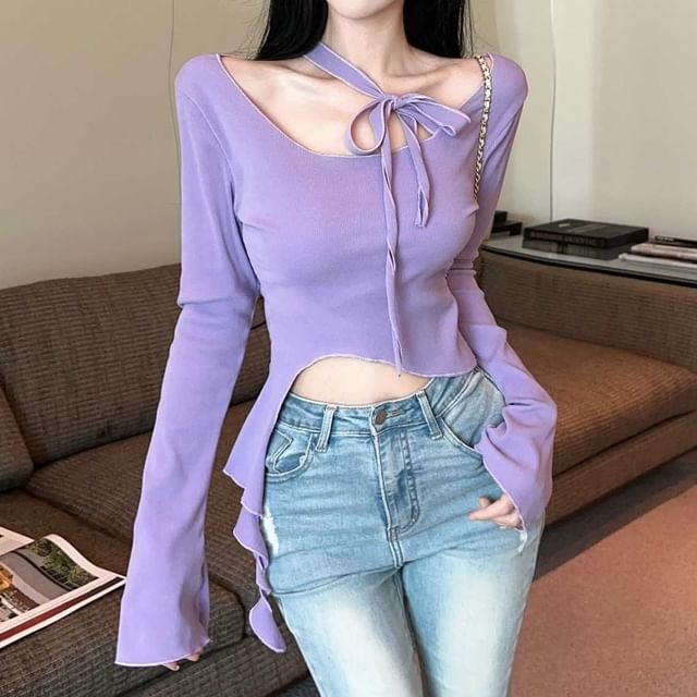 Shopherd-Long-Sleeve Halter Neck Plain Asymmetrical Slim Fit Crop Top