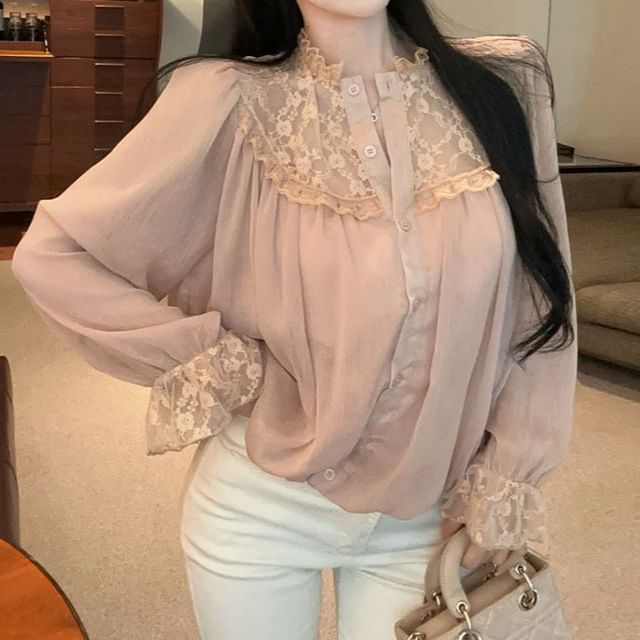 Shopherd-Long-Sleeve Stand Collar Lace Panel Button-Up Blouse