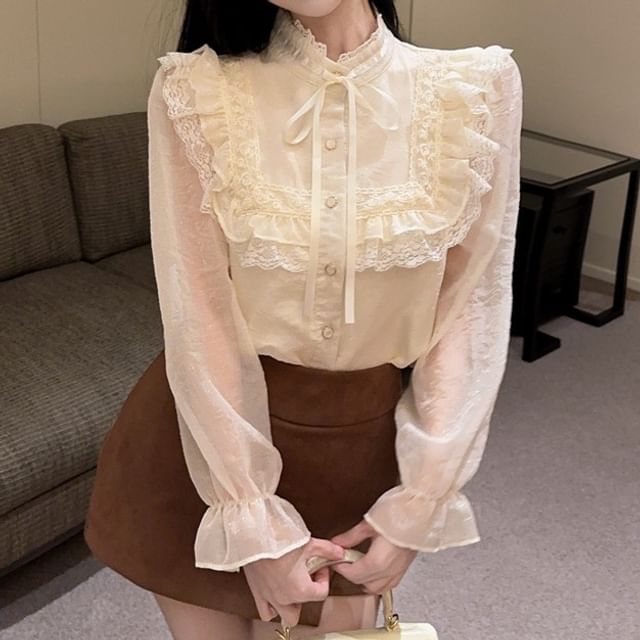 Shopherd-Long-Sleeve Stand Collar Lace Panel Ruffle Trim Button-Up Blouse