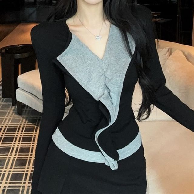 Shopherd-Long Sleeve V-Neck Ruffle Trim Two Tone Top