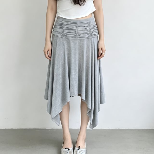 Shopherd-Mid Rise Plain Ruched Asymmetrical Midi A-Line Skirt