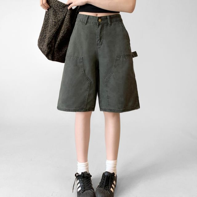 Shopherd-Mid Rise Plain Wide Leg Cargo Shorts
