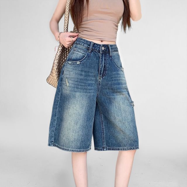 Shopherd-Mid Rise Washed Distressed Wide Leg Jorts